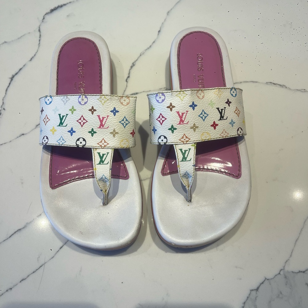 Louis Vuitton x Takashi Murakami Multicolor Thong Sandals White Pink Size 38